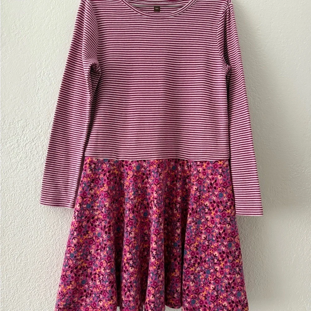 Tea Collection Striped Long Sleeve Dress with Floral Skirt size 10